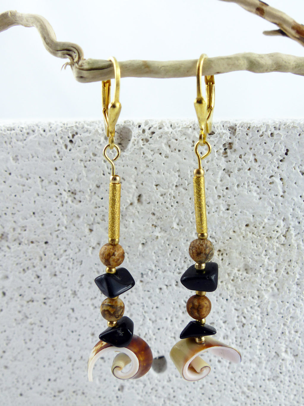 Unique Seashell Pendant Earrings SABIA with Jasper and Onyx, gold plated 925 silver