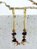 Unique Seashell Pendant Earrings SABIA with Jasper and Onyx, gold plated 925 silver