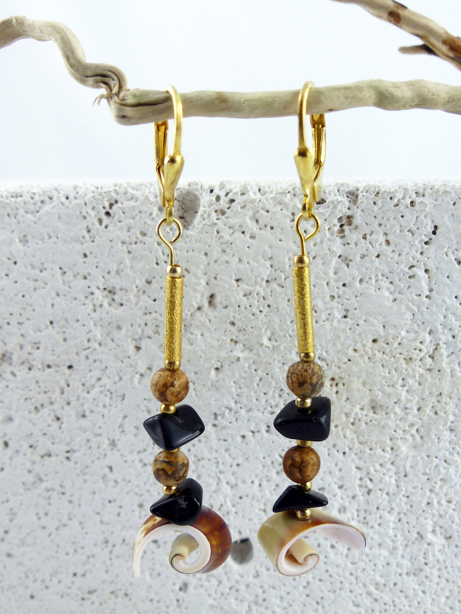 Unique Seashell Pendant Earrings SABIA with Jasper and Onyx, gold plated 925 silver