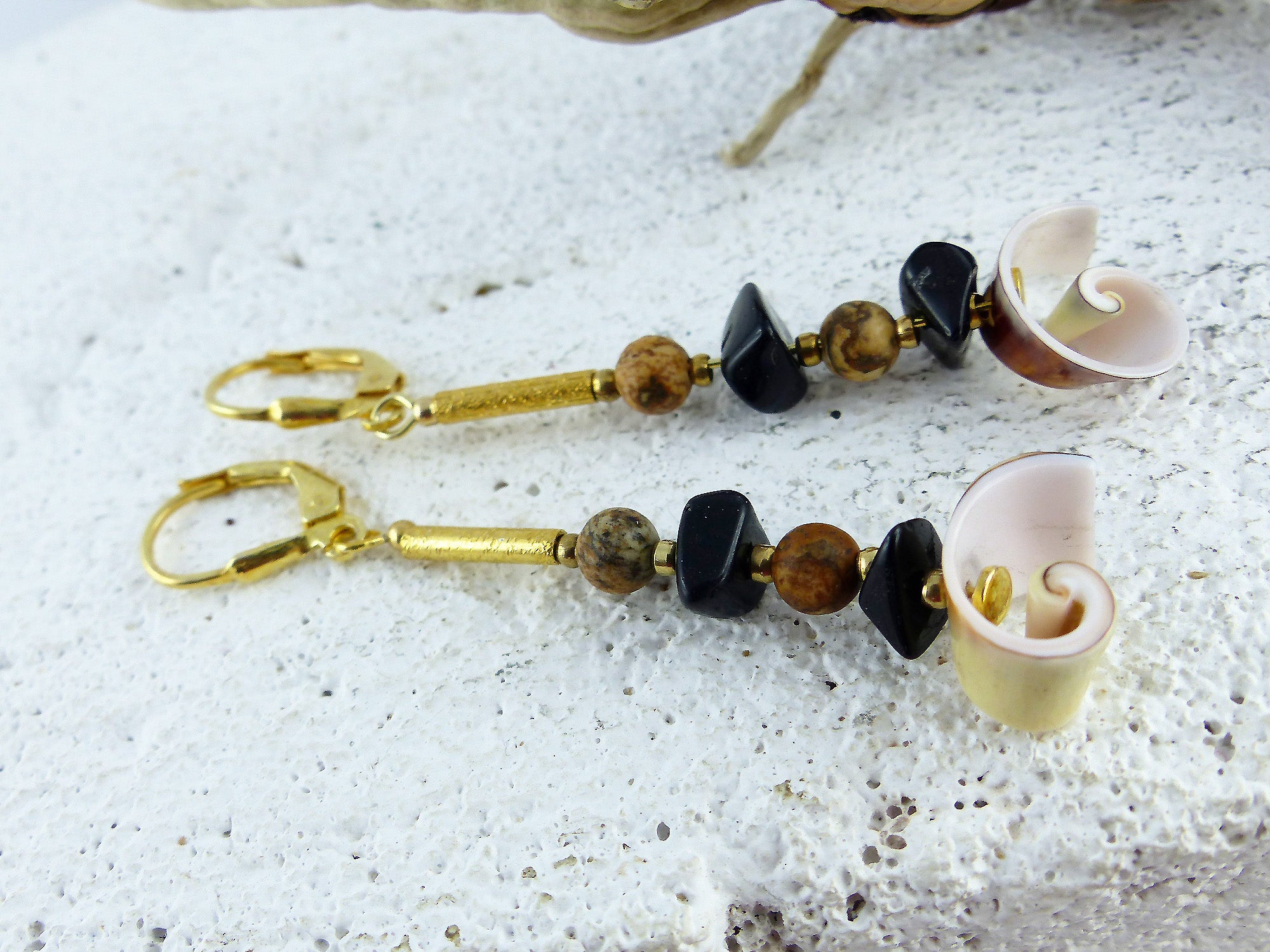 Unique Seashell Pendant Earrings SABIA with Jasper and Onyx, gold plated 925 silver