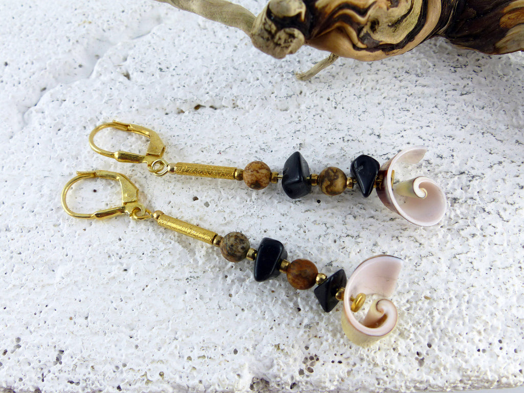 Unique Seashell Pendant Earrings SABIA with Jasper and Onyx, gold plated 925 silver