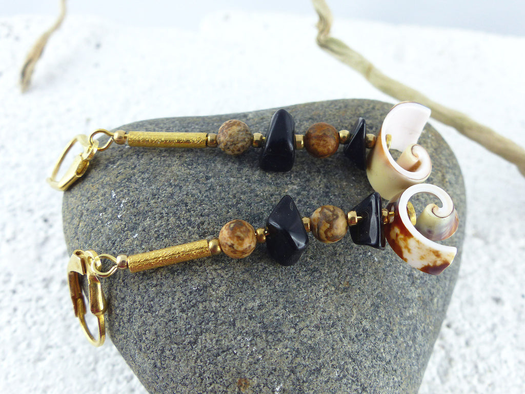 Unique Seashell Pendant Earrings SABIA with Jasper and Onyx, gold plated 925 silver