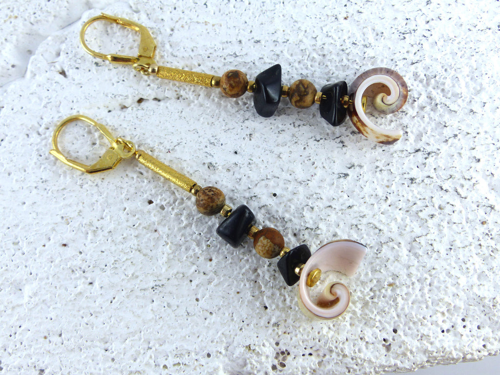 Unique Seashell Pendant Earrings SABIA with Jasper and Onyx, gold plated 925 silver