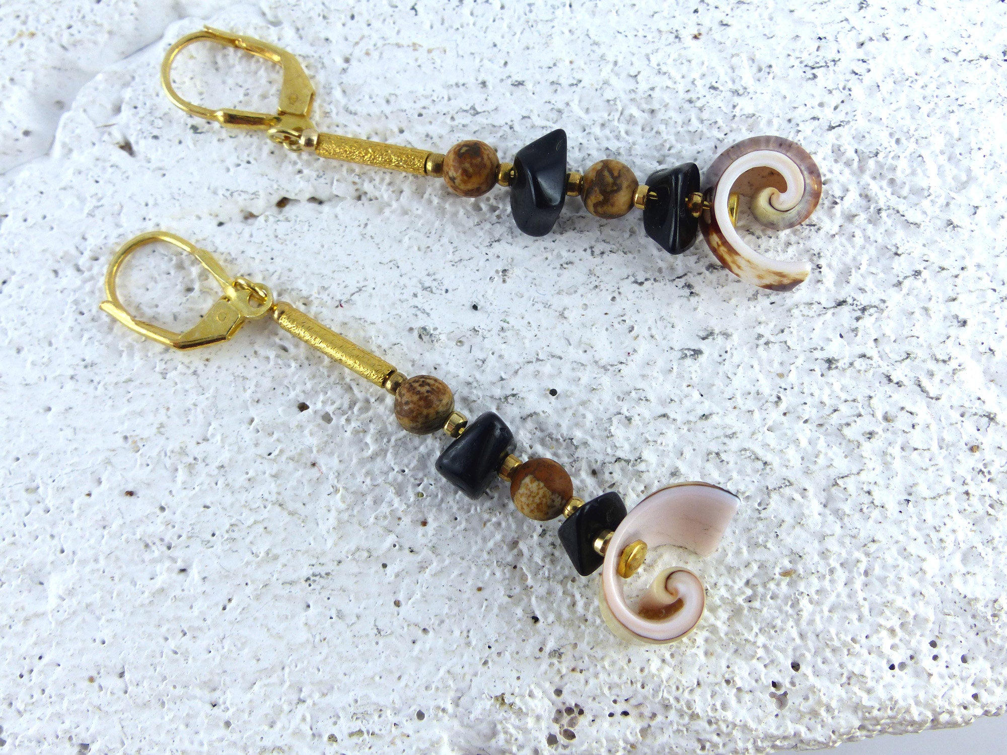 Unique Seashell Pendant Earrings SABIA with Jasper and Onyx, gold plated 925 silver
