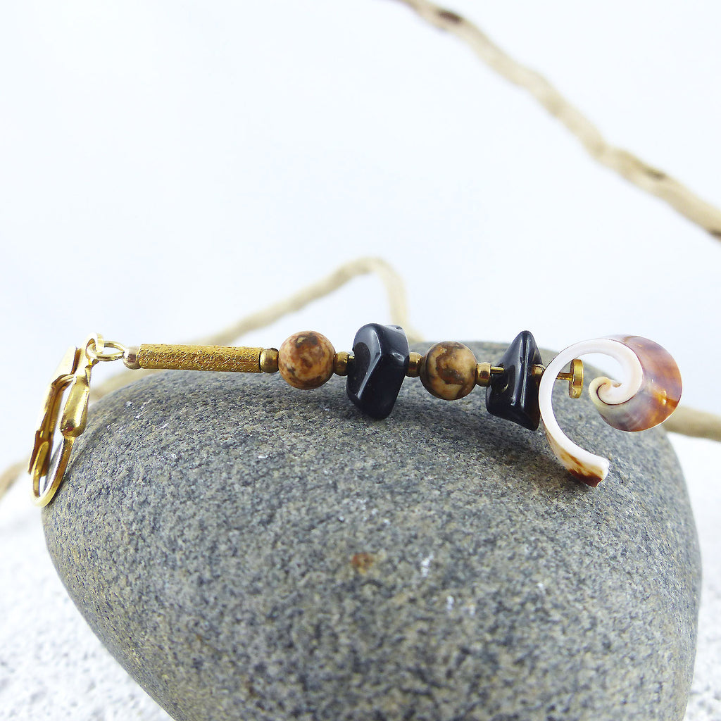 Unique Seashell Pendant Earrings SABIA with Jasper and Onyx, gold plated 925 silver