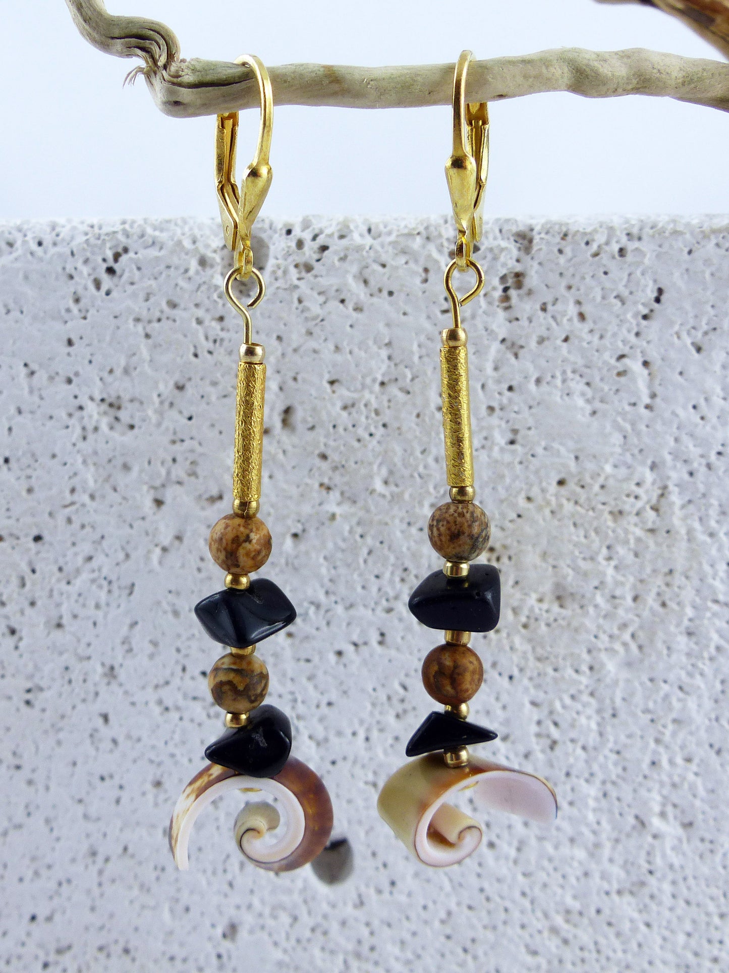 Unique Seashell Pendant Earrings SABIA with Jasper and Onyx, gold plated 925 silver