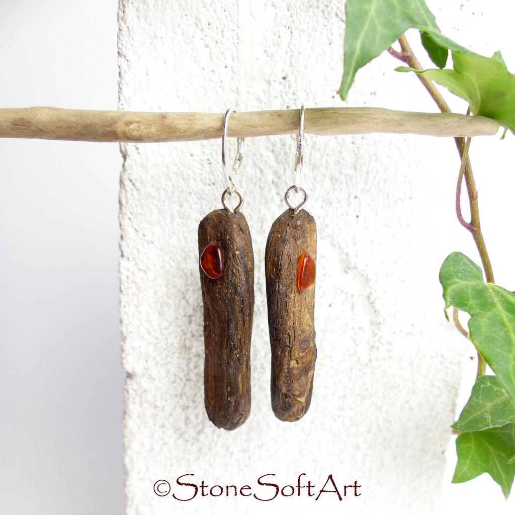 Driftwood Earrings SHANIA with Amber and 925 Silver, handmade eco friendly gift
