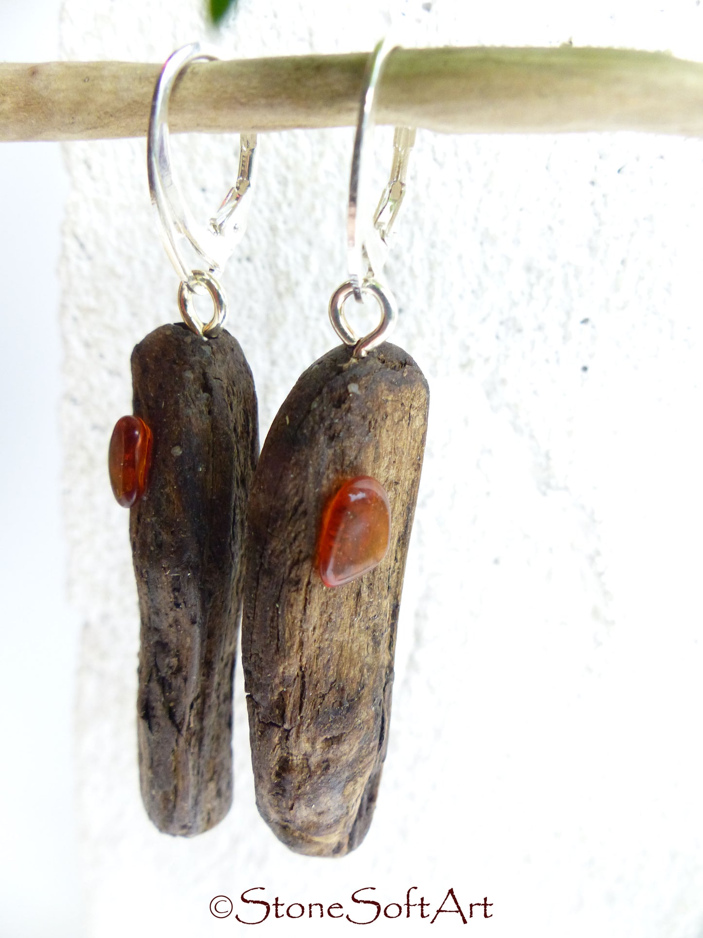 Driftwood Earrings SHANIA with Amber and 925 Silver, handmade eco friendly gift