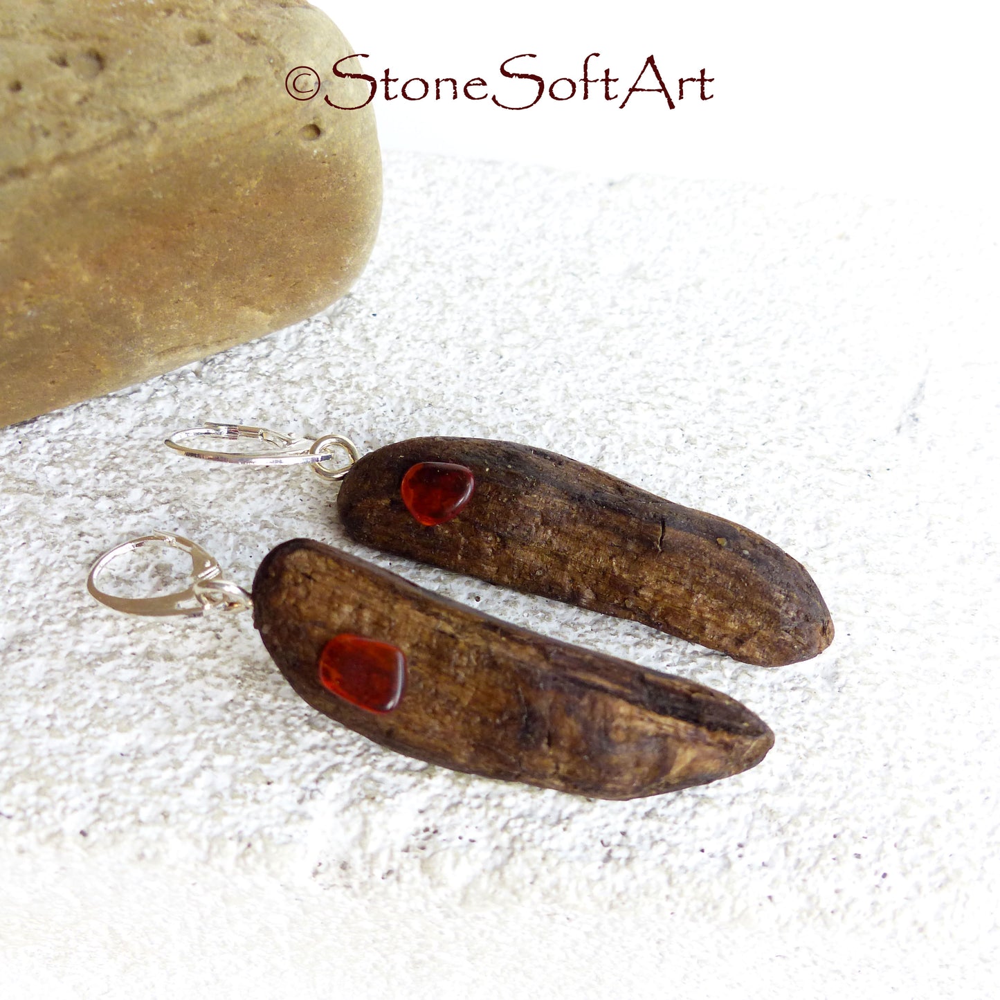 Driftwood Earrings SHANIA with Amber and 925 Silver, handmade eco friendly gift