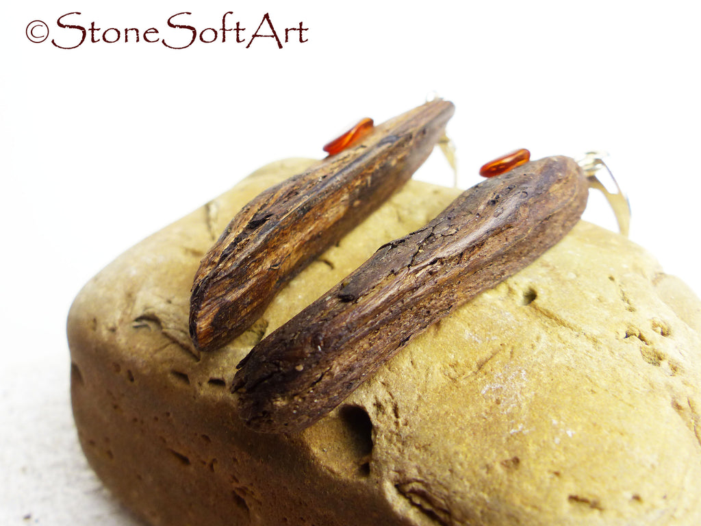 Driftwood Earrings SHANIA with Amber and 925 Silver, handmade eco friendly gift