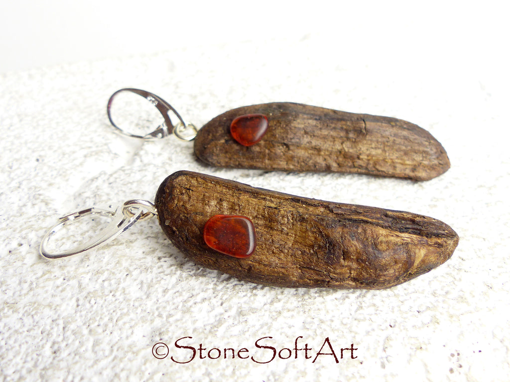 Driftwood Earrings SHANIA with Amber and 925 Silver, handmade eco friendly gift