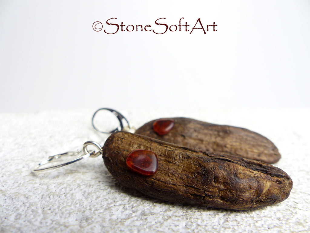 Driftwood Earrings SHANIA with Amber and 925 Silver, handmade eco friendly gift
