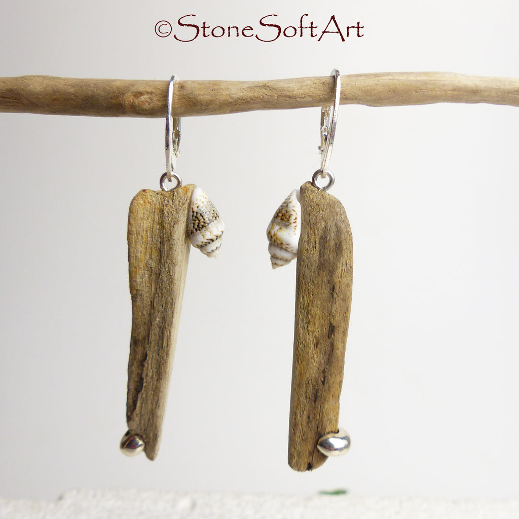 Driftwood Earrings SHANTI with Seashells and 925 Silver, handmade eco friendly gift