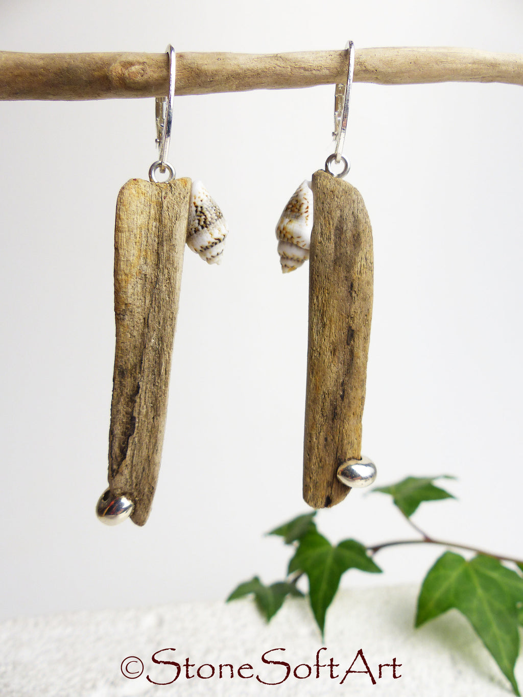 Driftwood Earrings SHANTI with Seashells and 925 Silver, handmade eco friendly gift