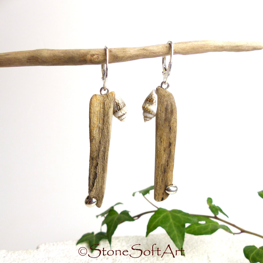 Driftwood Earrings SHANTI with Seashells and 925 Silver, handmade eco friendly gift