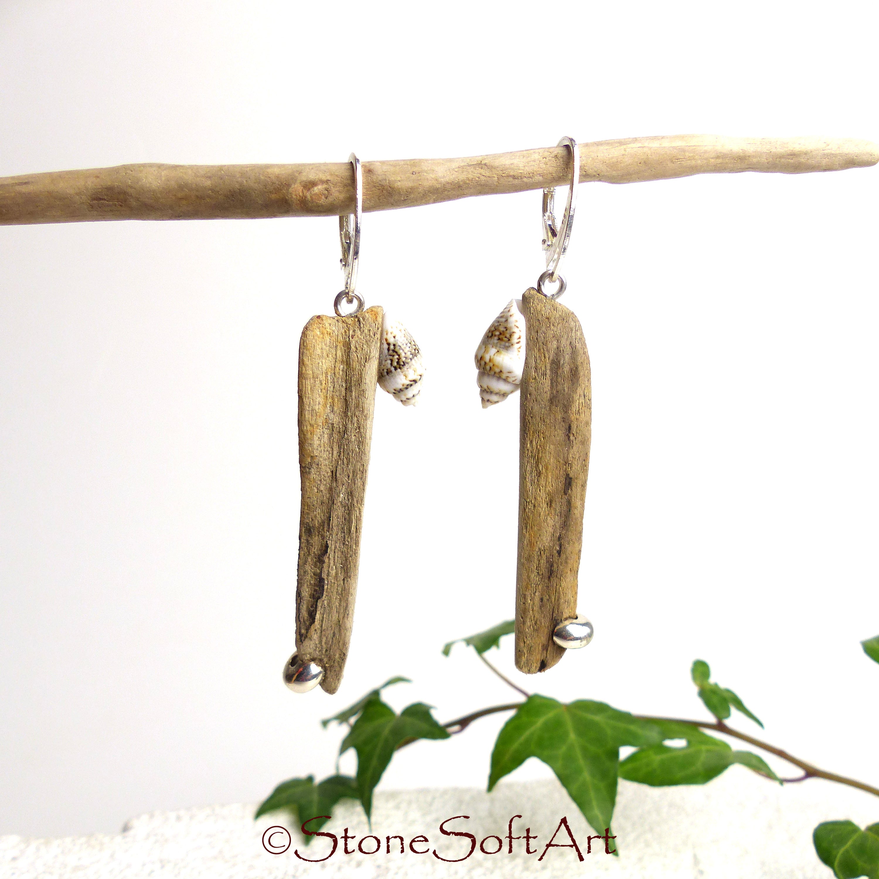 Driftwood Earrings SHANTI with Seashells and 925 Silver, handmade eco friendly gift