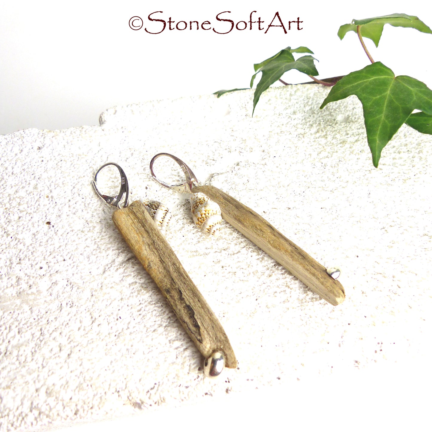 Driftwood Earrings SHANTI with Seashells and 925 Silver, handmade eco friendly gift