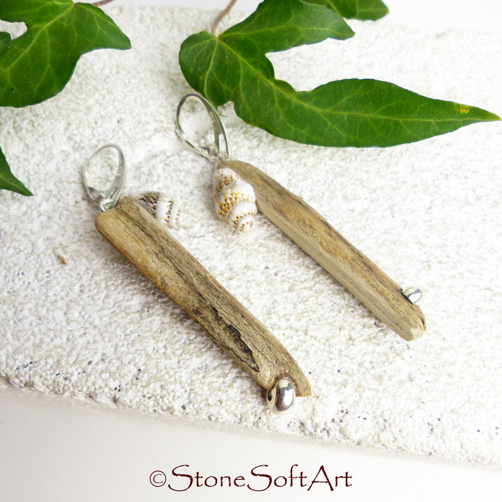 Driftwood Earrings SHANTI with Seashells and 925 Silver, handmade eco friendly gift