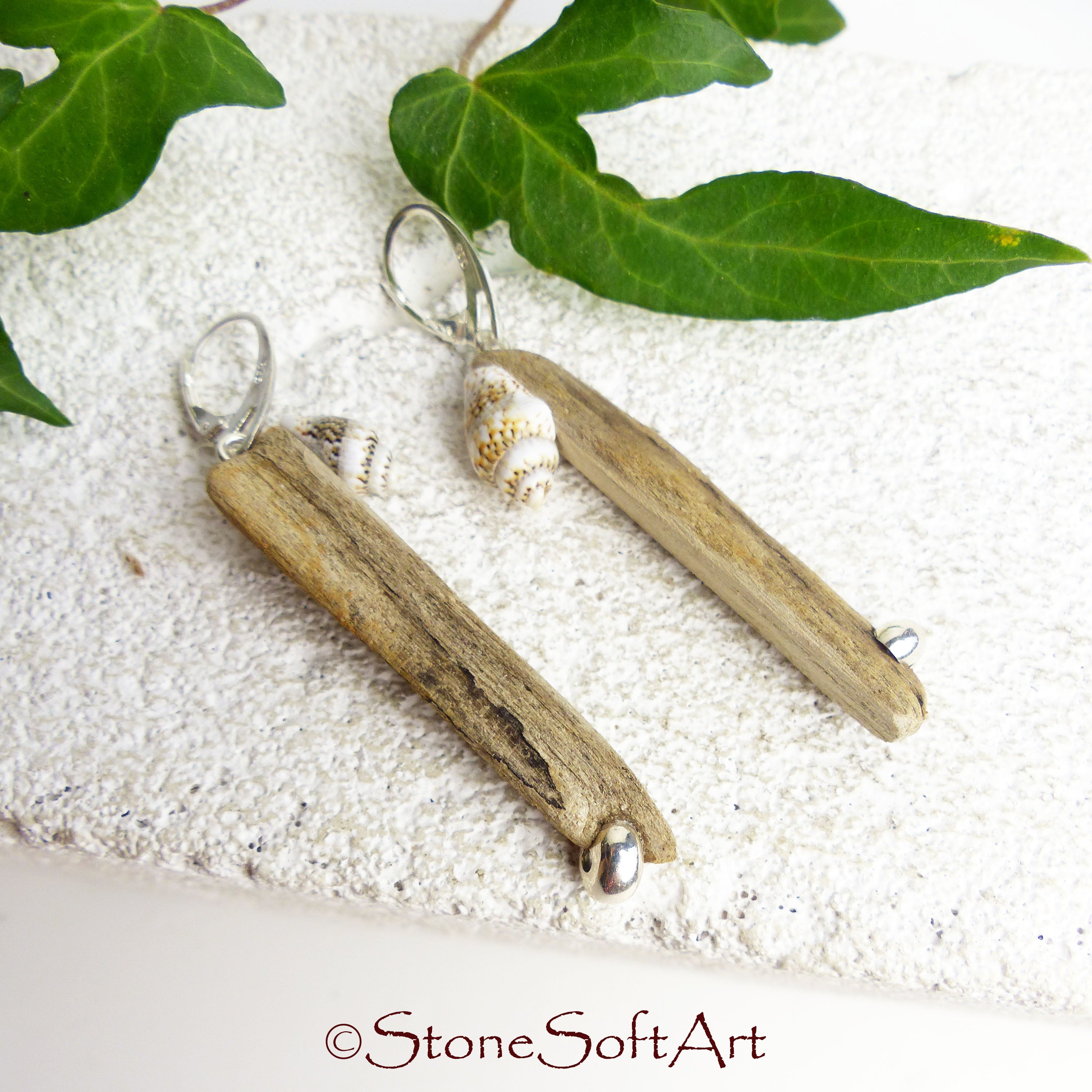 Driftwood Earrings SHANTI with Seashells and 925 Silver, handmade eco friendly gift