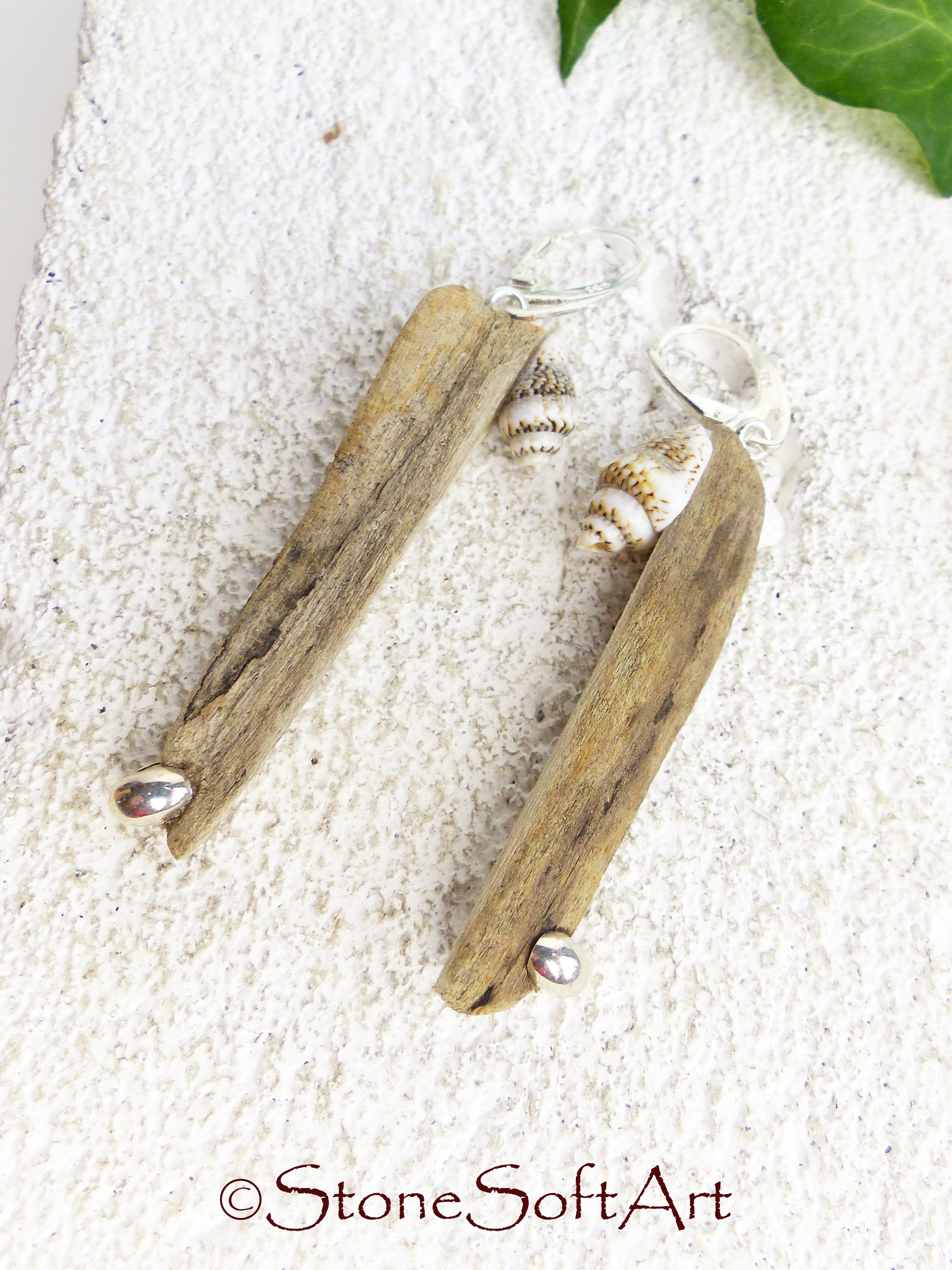 Driftwood Earrings SHANTI with Seashells and 925 Silver, handmade eco friendly gift