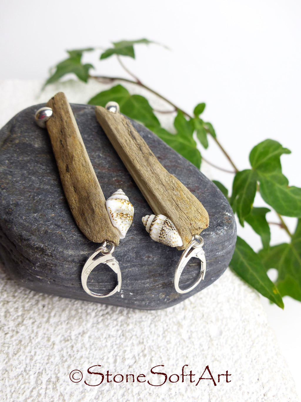 Driftwood Earrings SHANTI with Seashells and 925 Silver, handmade eco friendly gift