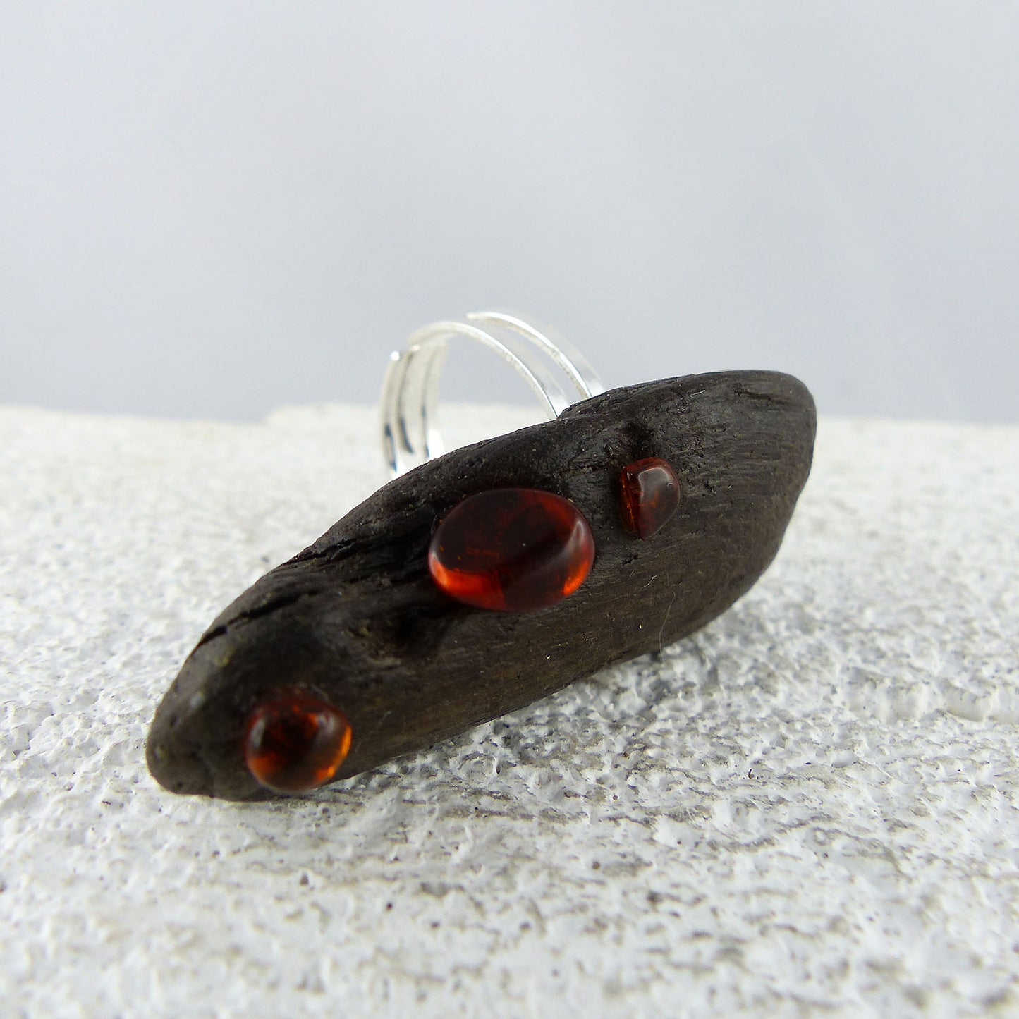 Adjustable handmade Driftwood Ring TORGE with Amber and 925 Silver