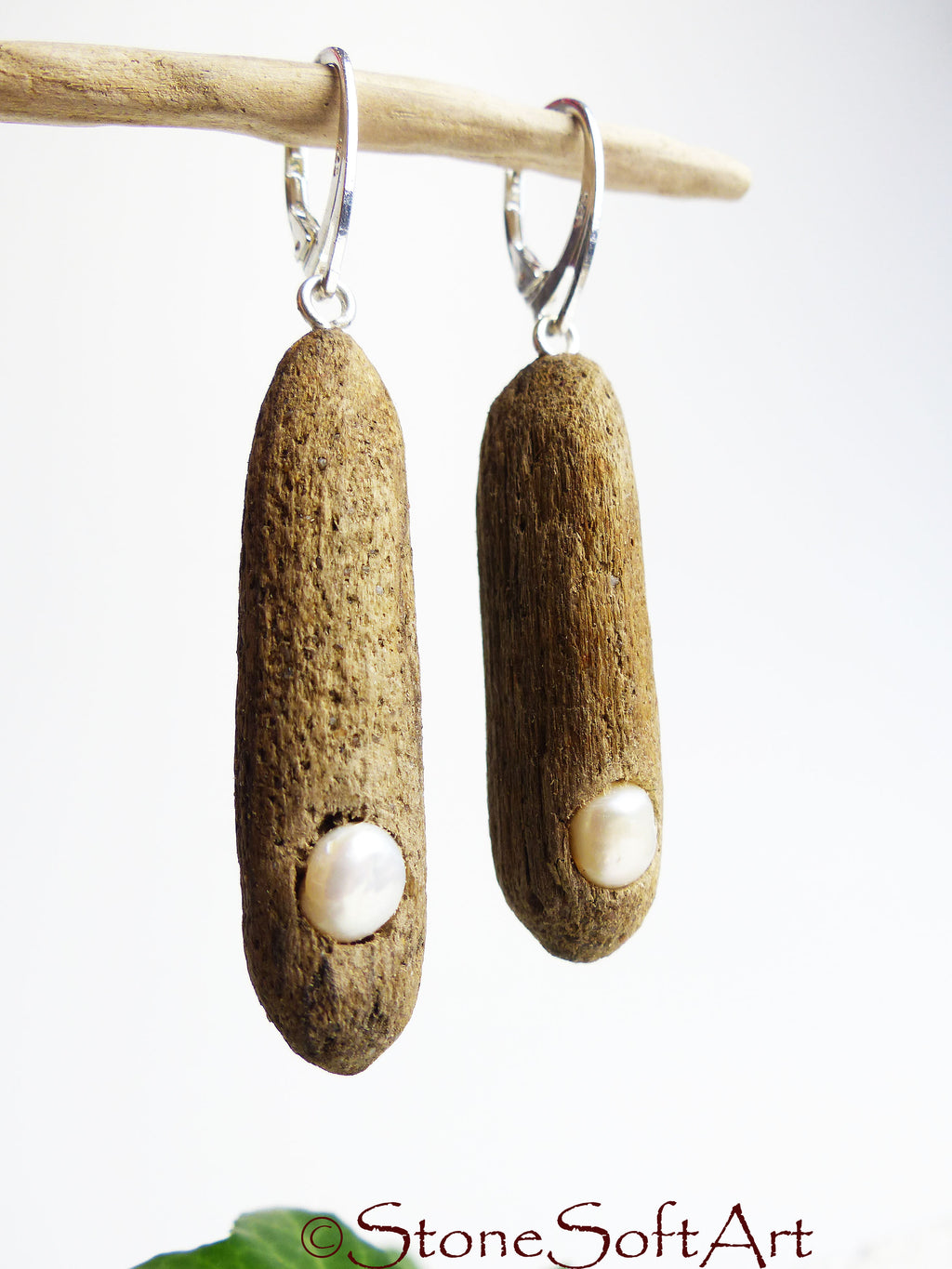 Handmade Driftwood Earrings SONIA with Freshwater Pearls, 925 Silver