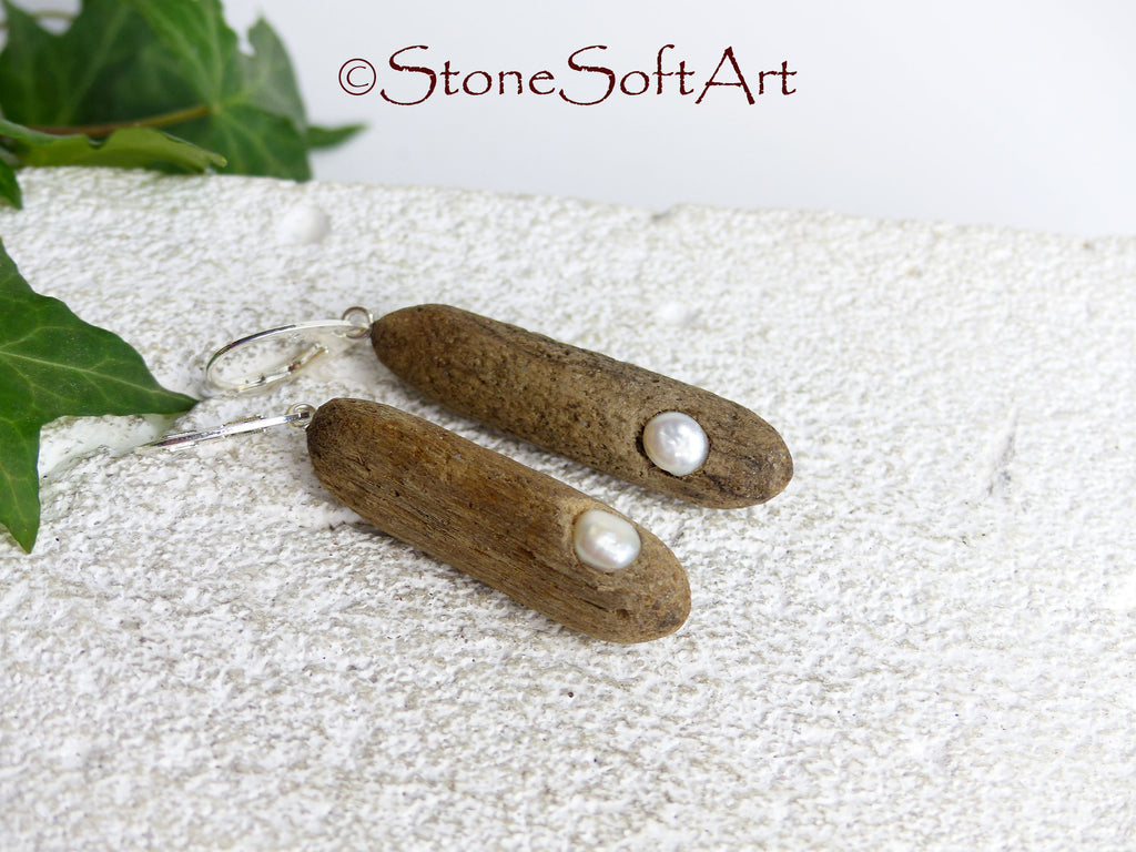 Handmade Driftwood Earrings SONIA with Freshwater Pearls, 925 Silver
