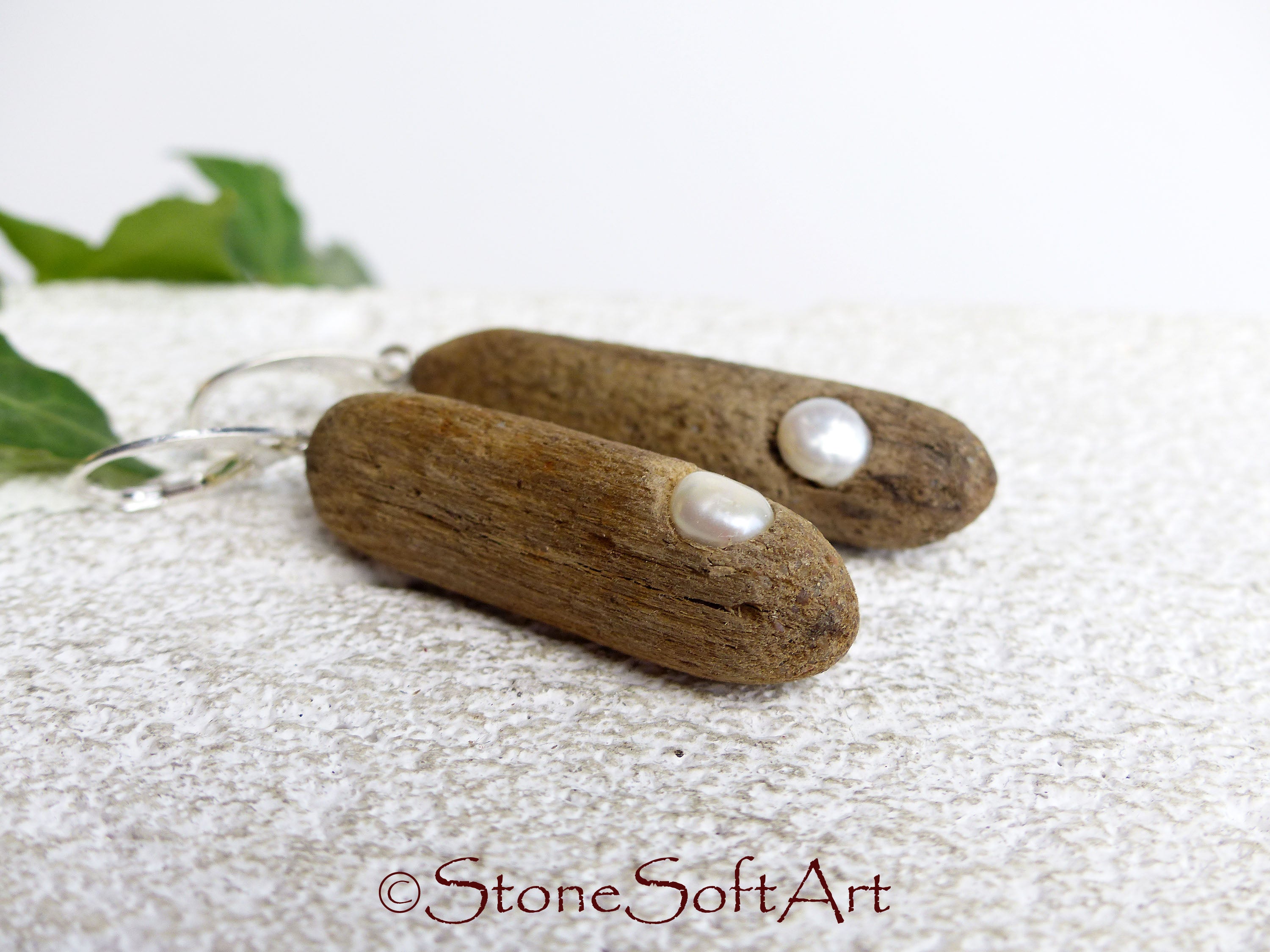 Handmade Driftwood Earrings SONIA with Freshwater Pearls, 925 Silver