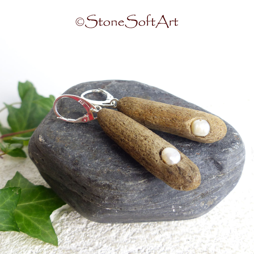 Handmade Driftwood Earrings SONIA with Freshwater Pearls, 925 Silver