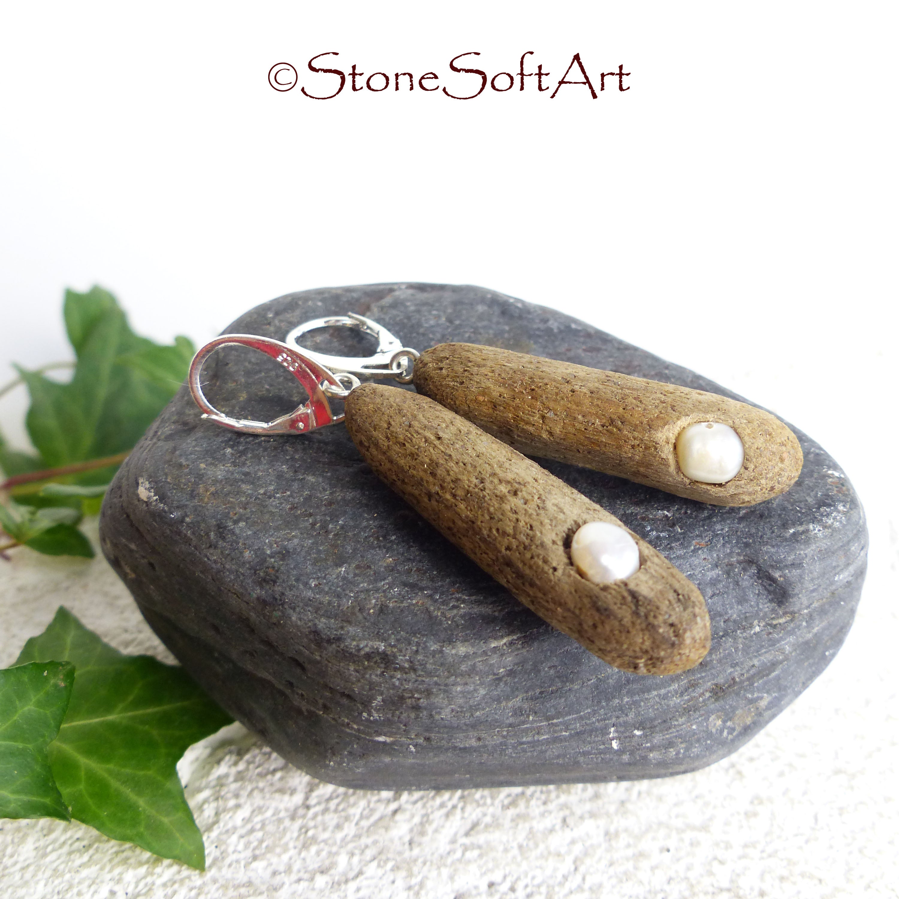 Handmade Driftwood Earrings SONIA with Freshwater Pearls, 925 Silver