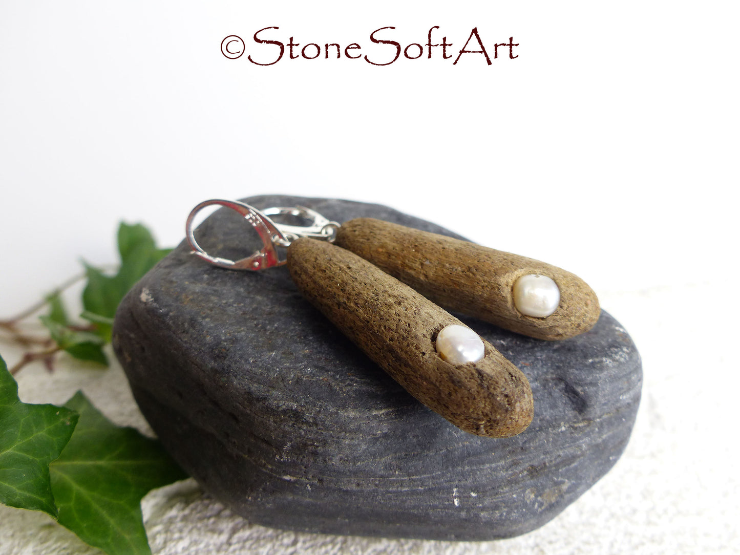 Handmade Driftwood Earrings SONIA with Freshwater Pearls, 925 Silver