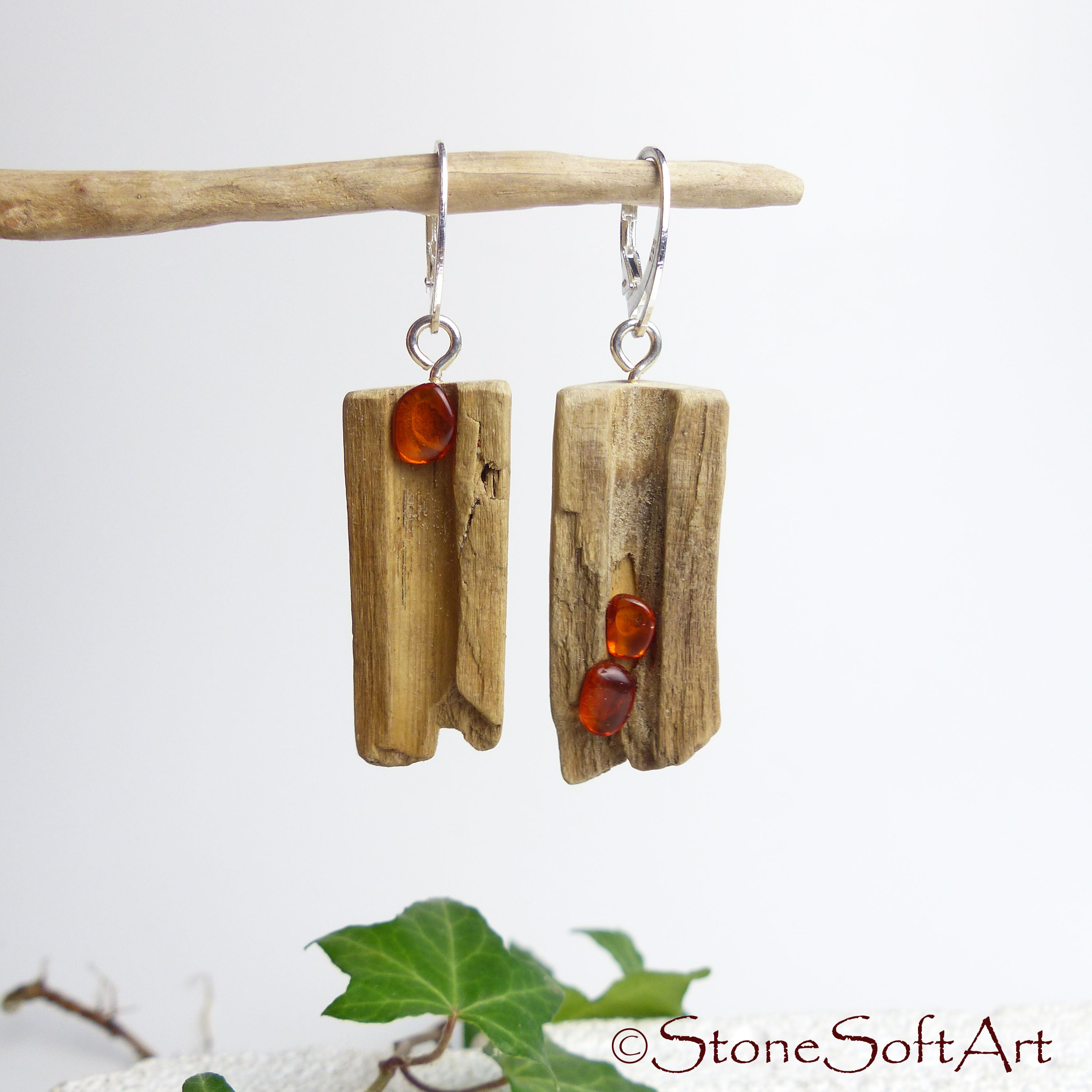 Driftwood Amber Earrings SOOKIE 925 Silver, handmade eco friendly gift