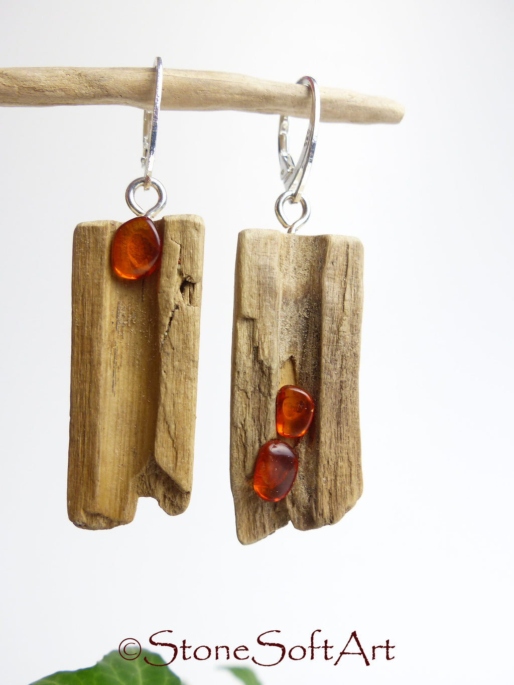 Driftwood Amber Earrings SOOKIE 925 Silver, handmade eco friendly gift