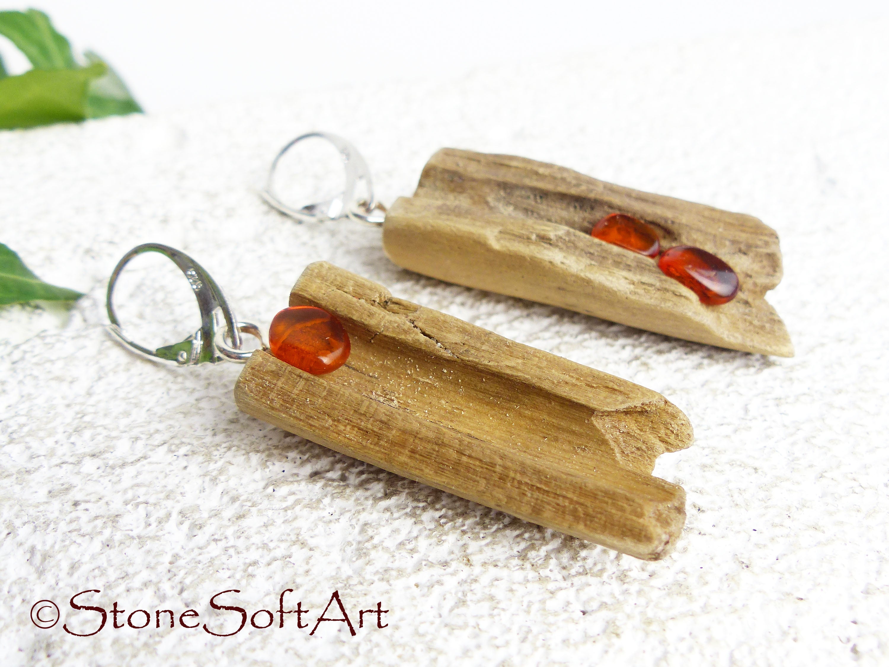 Driftwood Amber Earrings SOOKIE 925 Silver, handmade eco friendly gift