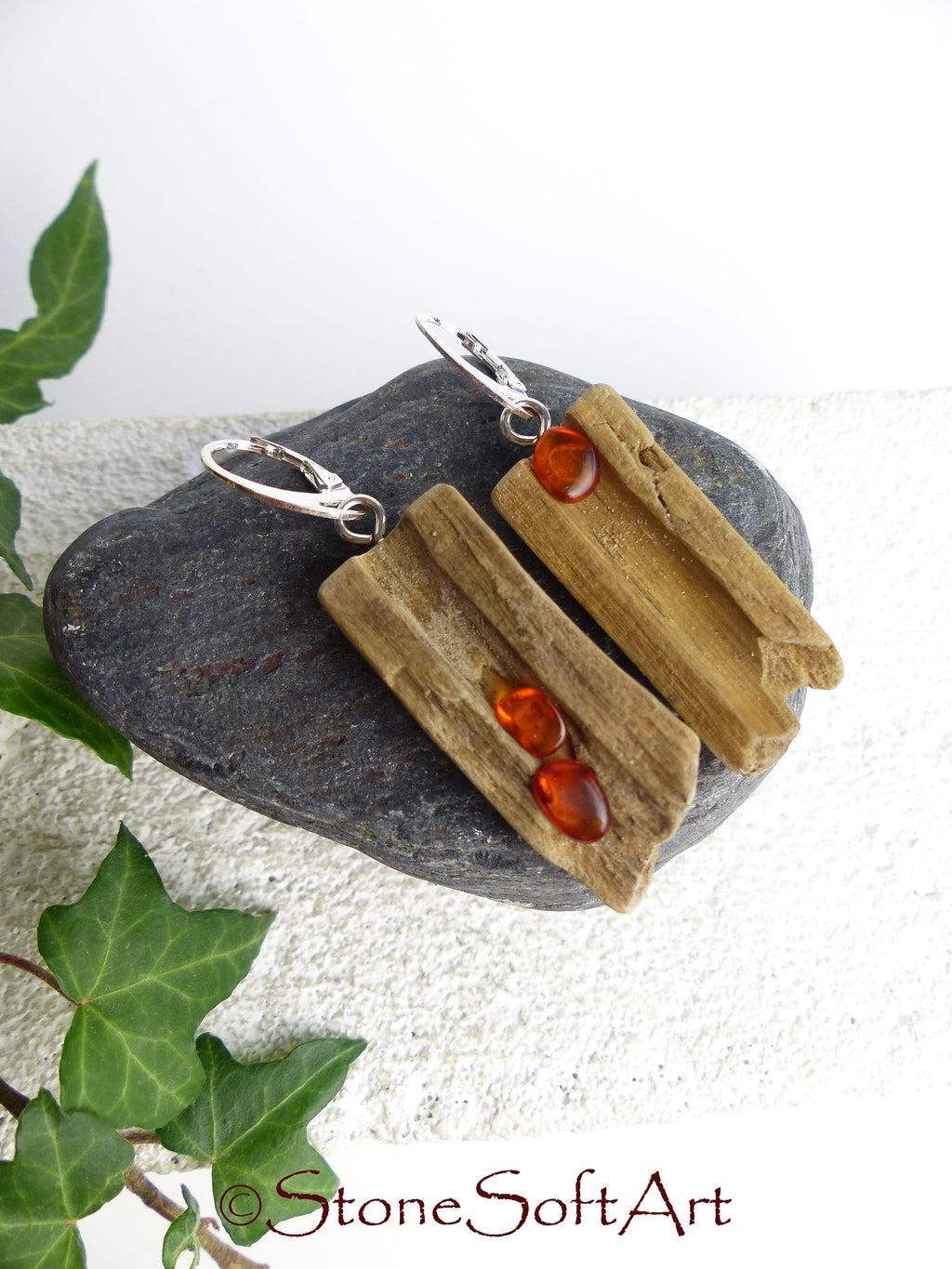 Driftwood Amber Earrings SOOKIE 925 Silver, handmade eco friendly gift