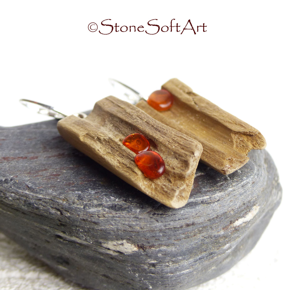 Driftwood Amber Earrings SOOKIE 925 Silver, handmade eco friendly gift