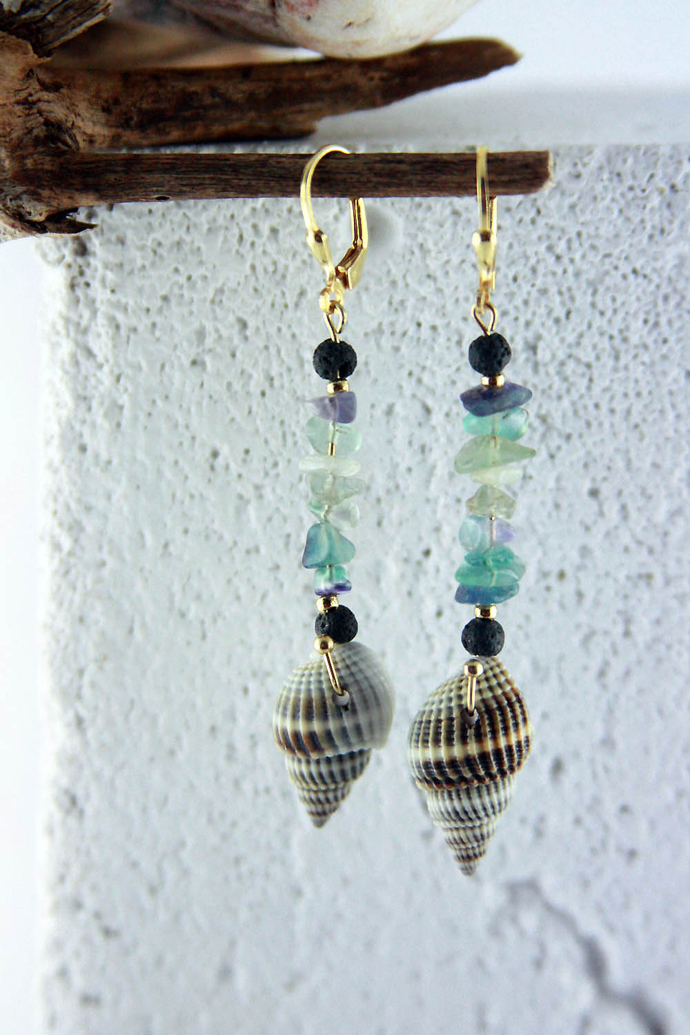 Unique Seashell Pendant Earrings SIBBY with Fluorite, gold plated 925 silver