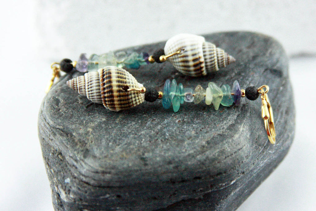 Unique Seashell Pendant Earrings SIBBY with Fluorite, gold plated 925 silver