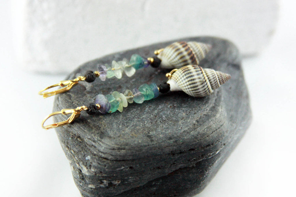 Unique Seashell Pendant Earrings SIBBY with Fluorite, gold plated 925 silver