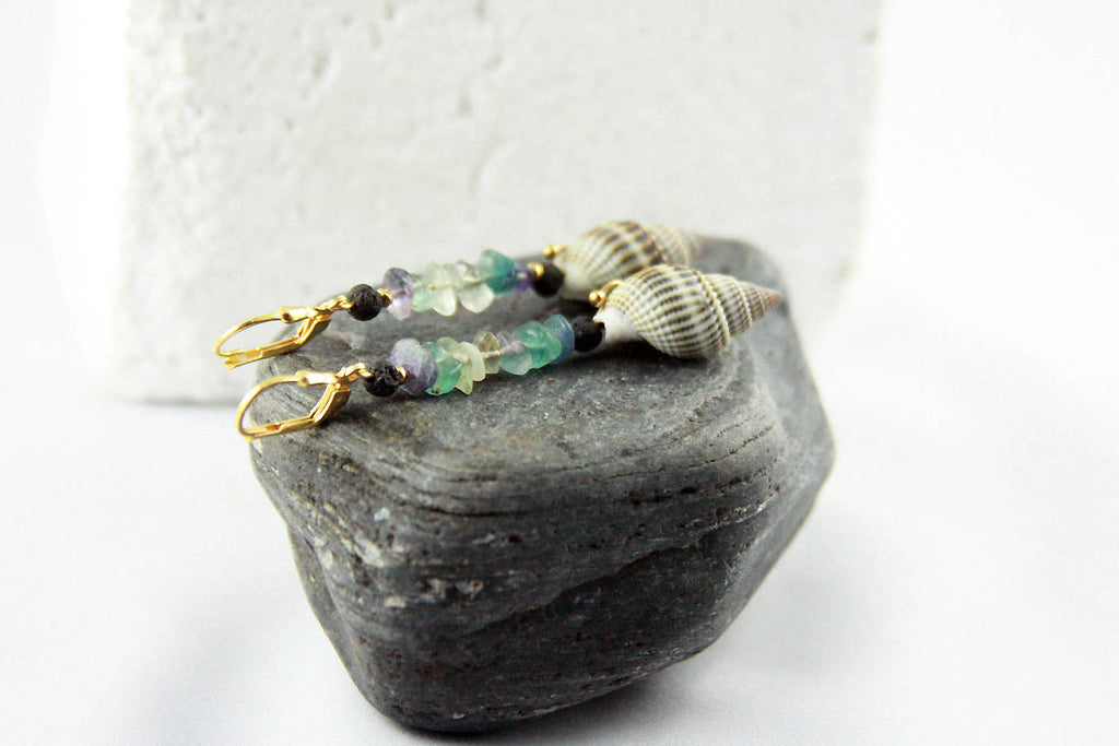 Unique Seashell Pendant Earrings SIBBY with Fluorite, gold plated 925 silver