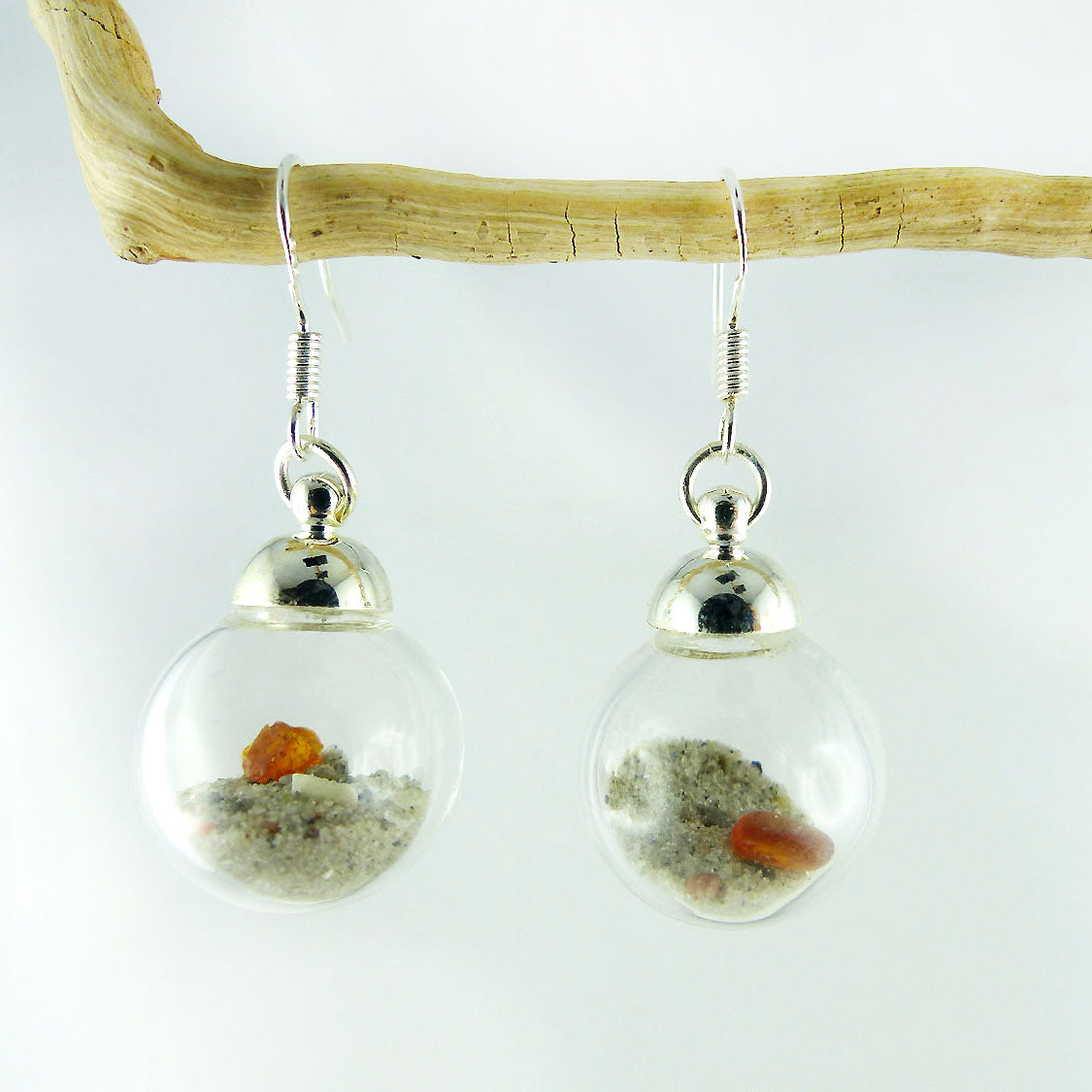 Glass Bowl Earrings SONIA with Beach Sand and Amber, 925 silver