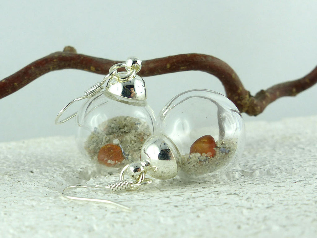 Glass Bowl Earrings SONIA with Beach Sand and Amber, 925 silver