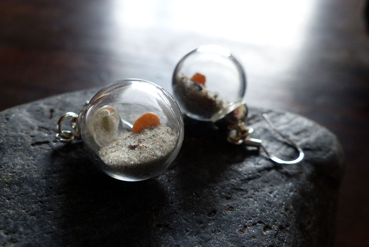 Glass Bowl Earrings SONIA with Beach Sand and Amber, 925 silver