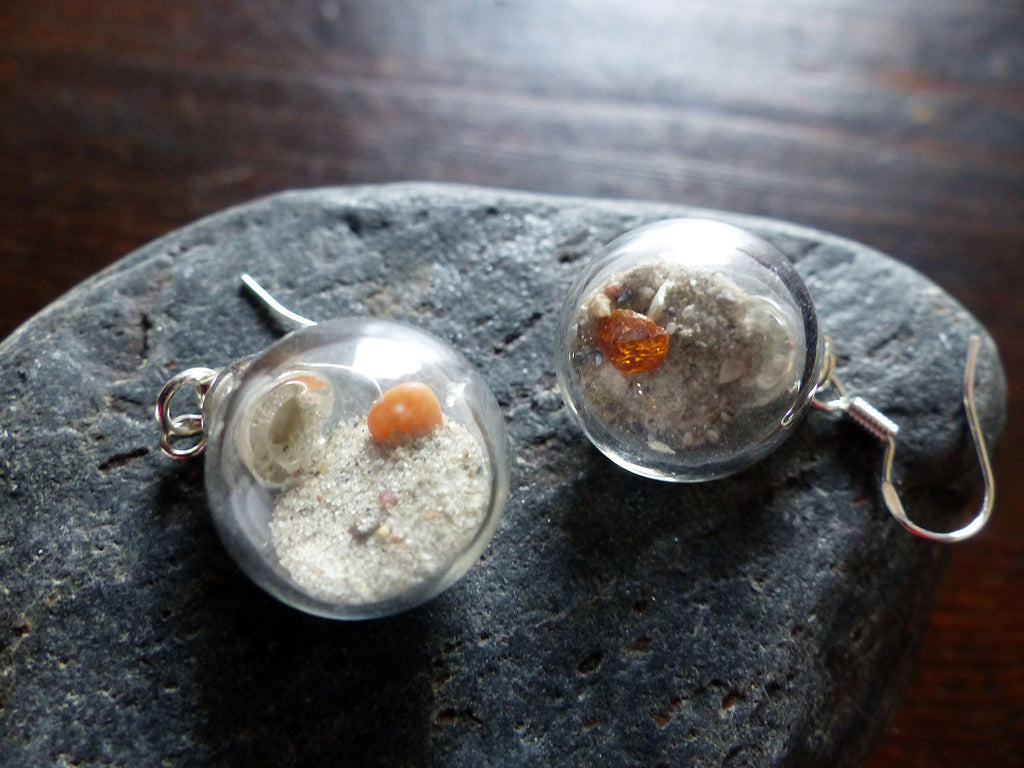 Glass Bowl Earrings SONIA with Beach Sand and Amber, 925 silver