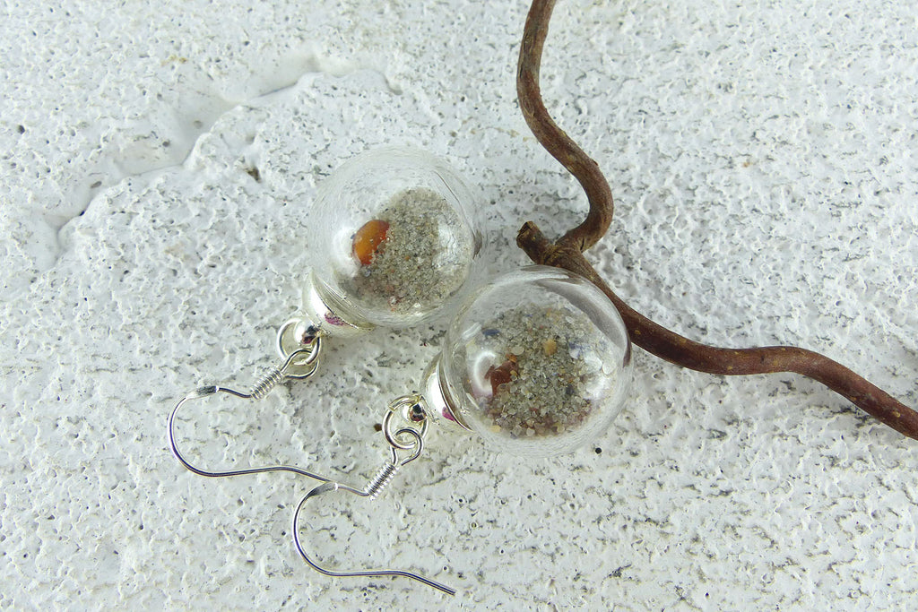 Glass Bowl Earrings SONIA with Beach Sand and Amber, 925 silver
