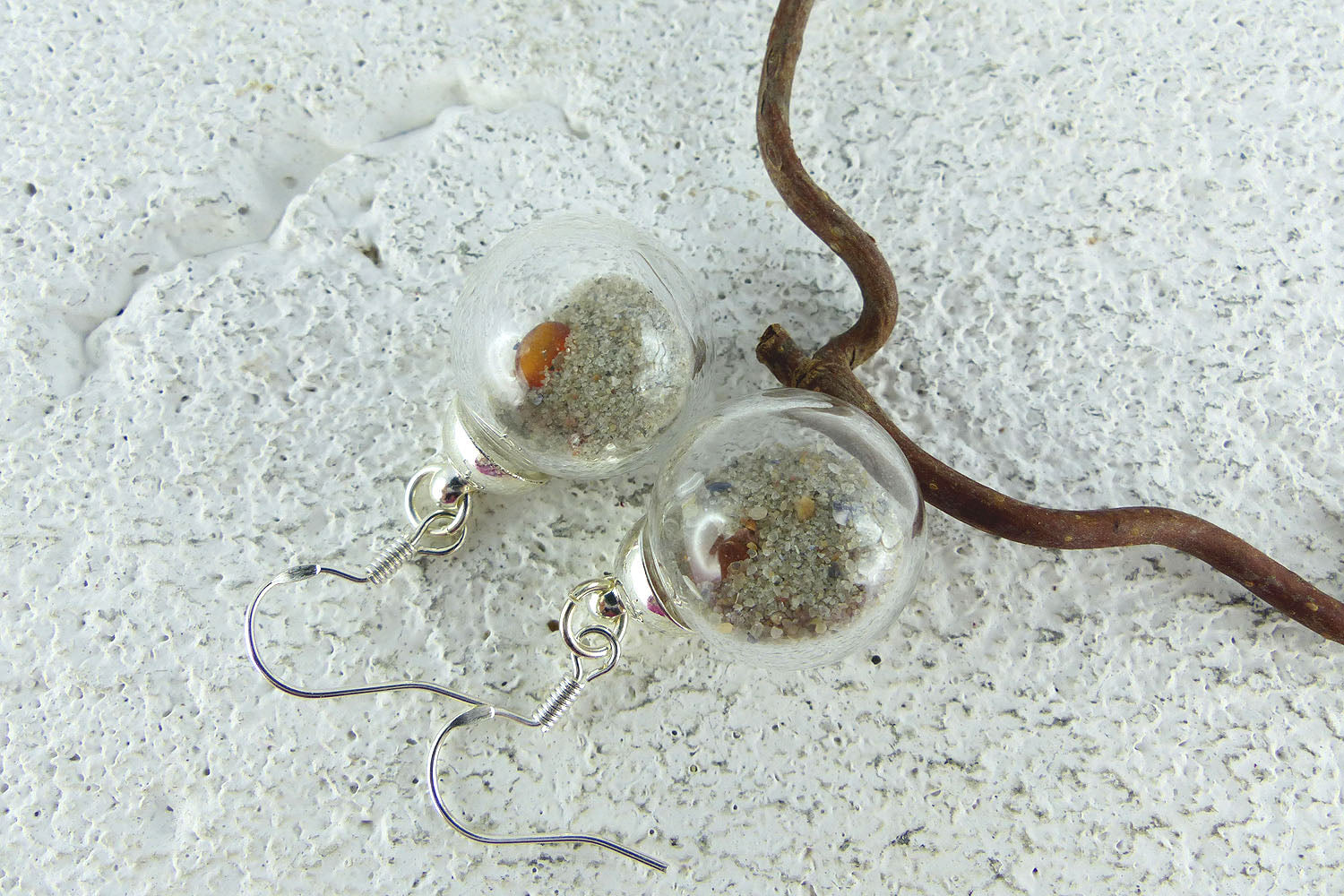 Glass Bowl Earrings SONIA with Beach Sand and Amber, 925 silver