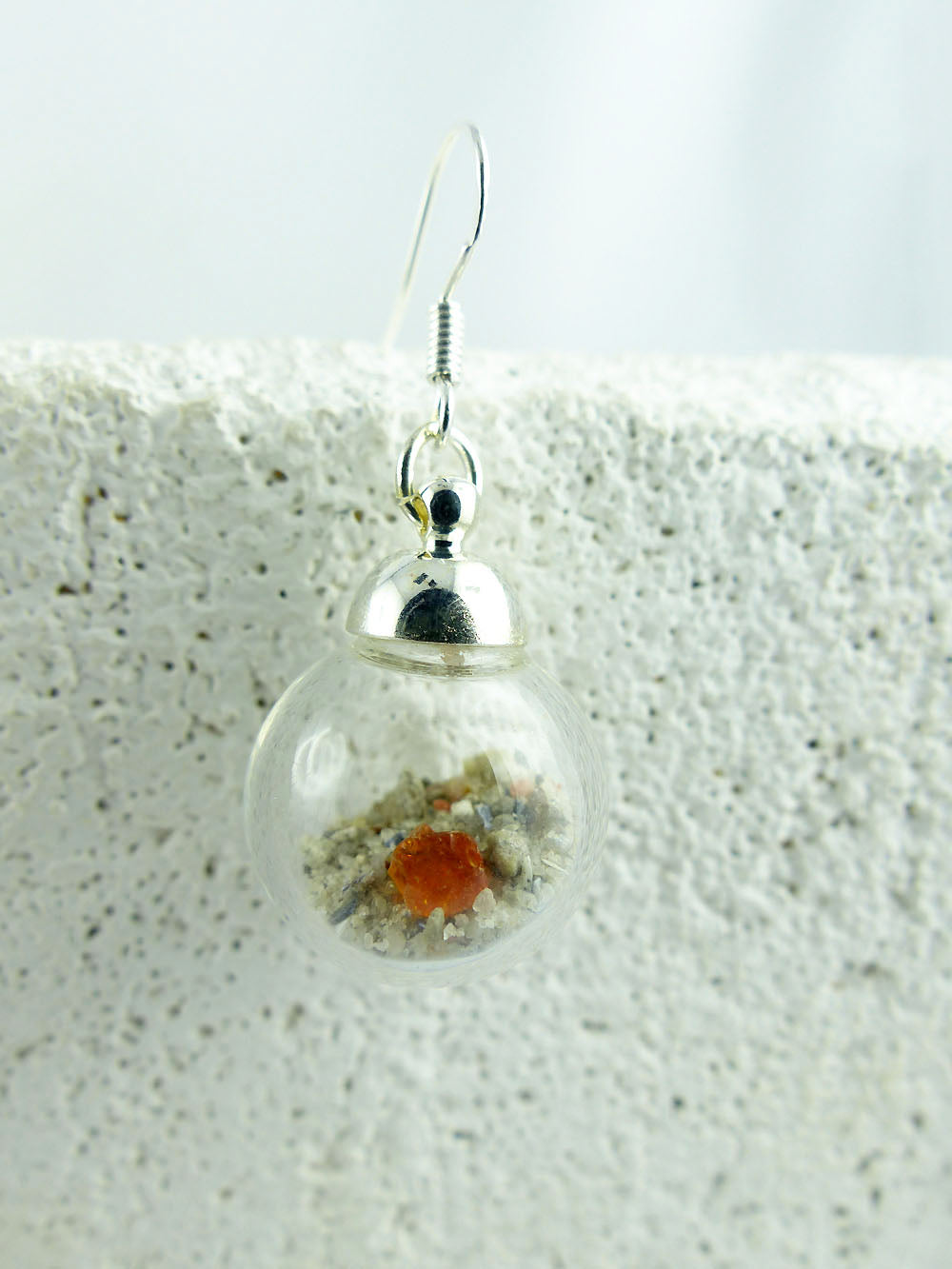 Glass Bowl Earrings SONIA with Beach Sand and Amber, 925 silver