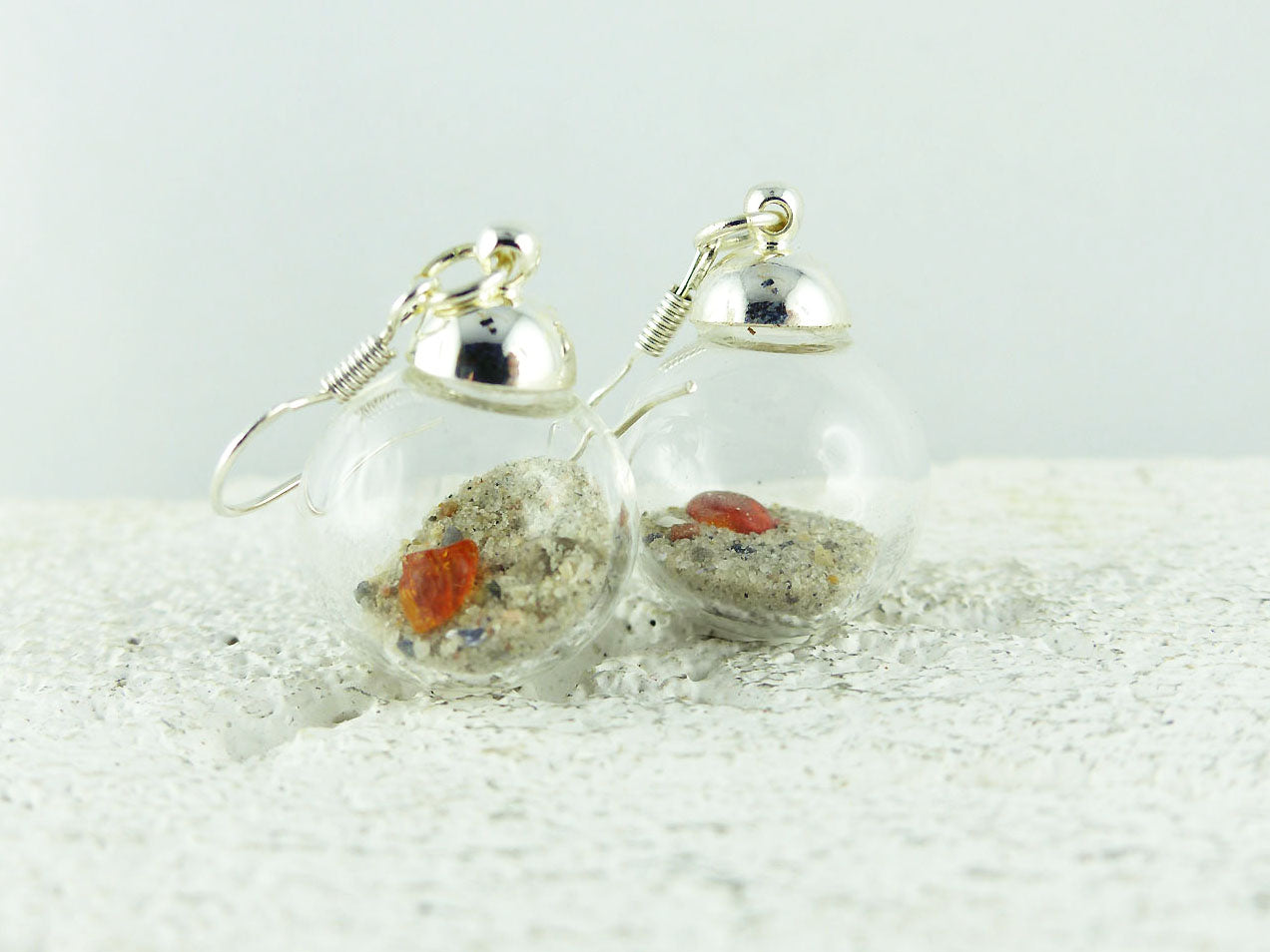 Glass Bowl Earrings SONIA with Beach Sand and Amber, 925 silver