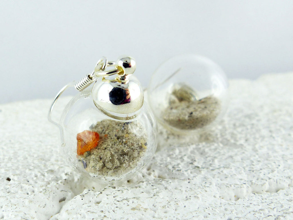 Glass Bowl Earrings SONIA with Beach Sand and Amber, 925 silver